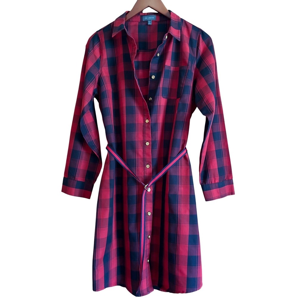 The Limited Womens Shirt Dress Small Petite Red Black Plaid‎ Long Sleeve Gingham